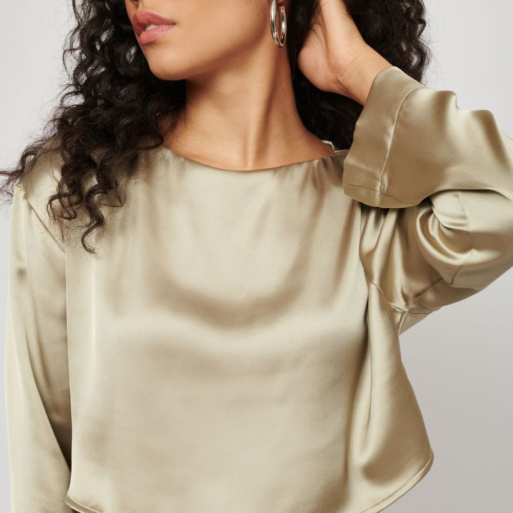 Cropped Dynamite Satin Long-Sleeve Shirt